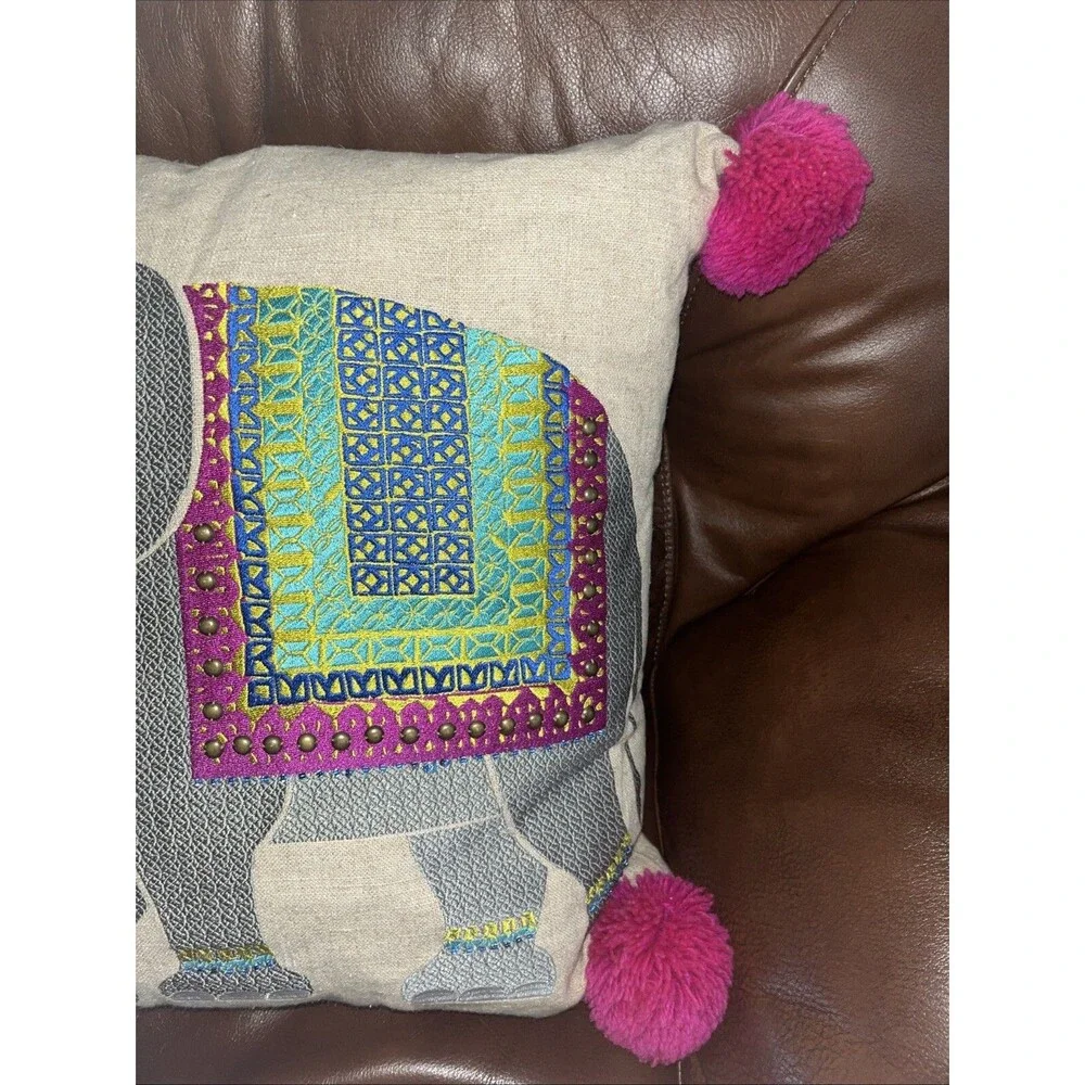 Trina Turk Elephant Embroidered Pom Pillow Square 20X20 Linen/ Cotton India